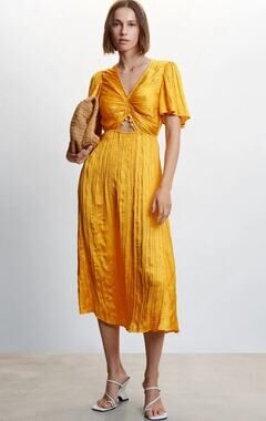 MANGO Side-slit Satin Midi Dress Yellow Beach Coastal Vacation Women's 8 New